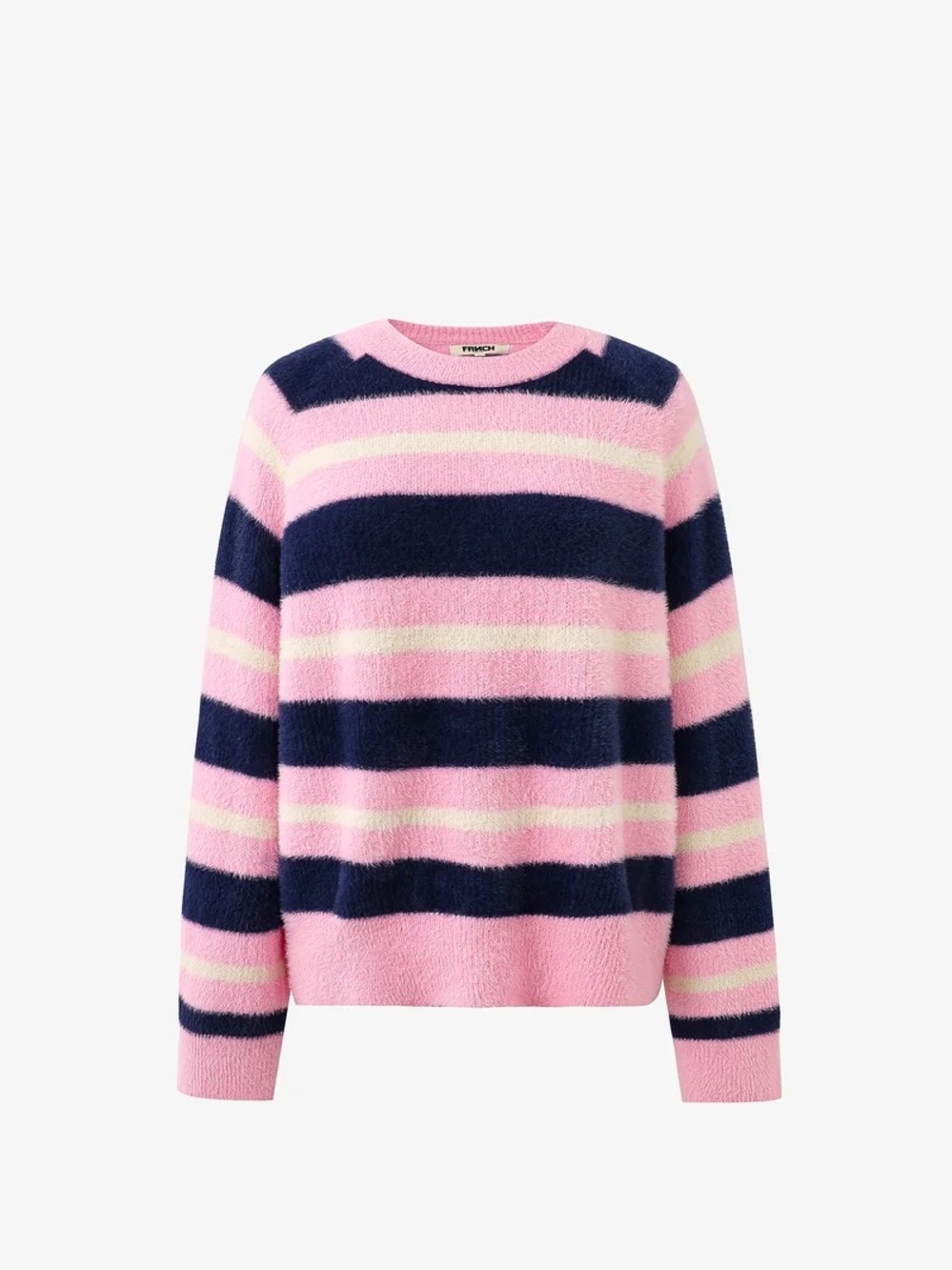 FRNCH Himalayan Pullover soft fluffy knit sweater pink navy cream stripes small